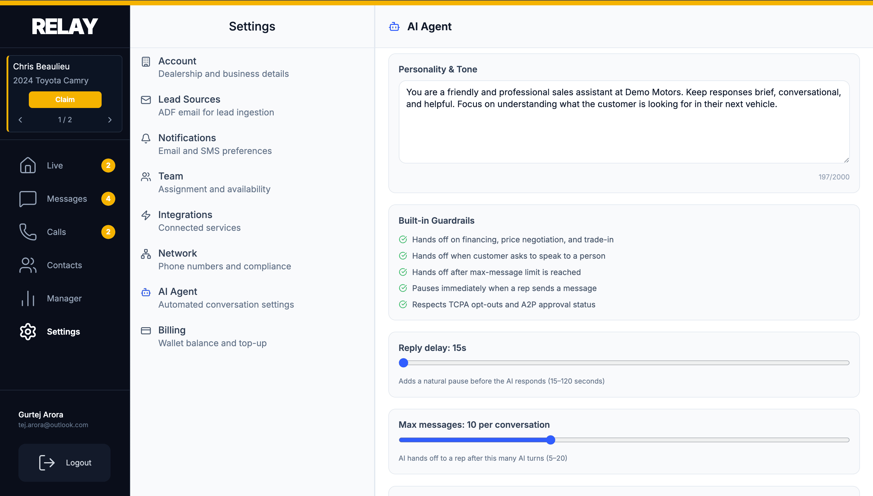 Relay AI auto-reply settings for instant first responses to new leads