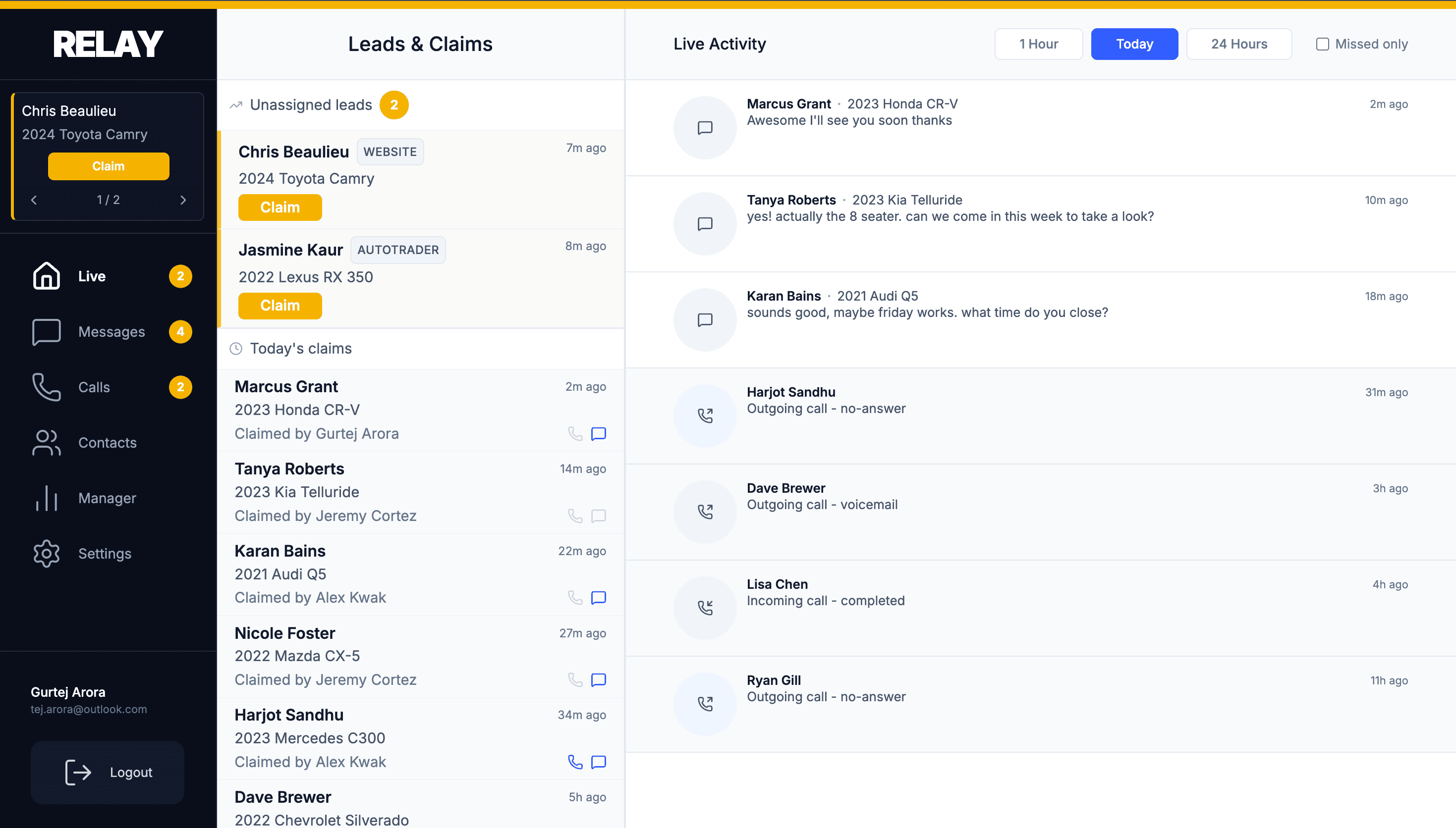 Relay by RazzyTech web dashboard showing the live lead feed for a dealership
