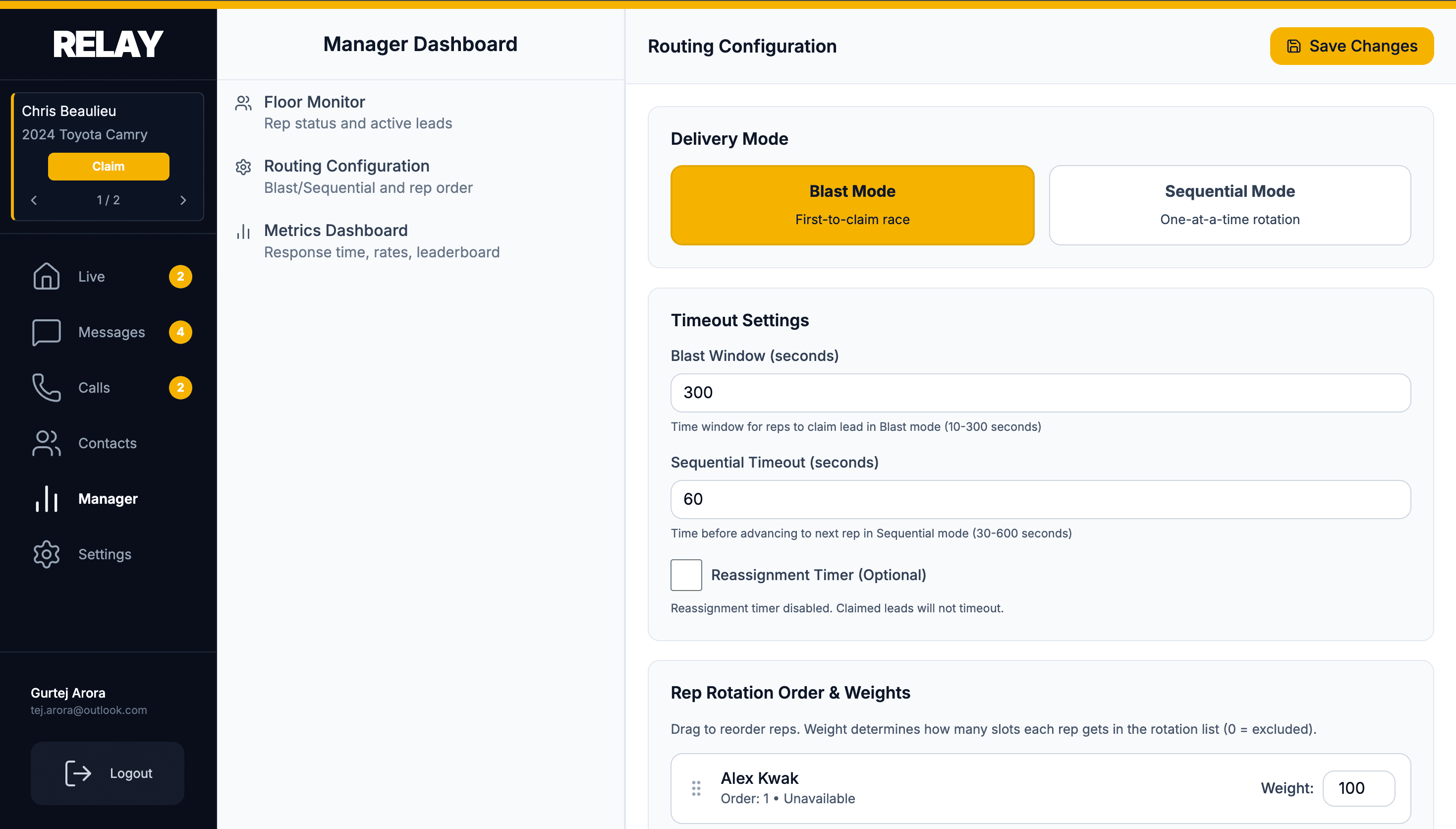 Relay routing settings with round robin, first to claim, and auto-assign rules